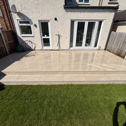 Lava Beige Porcelain Patio with Turf Play Area